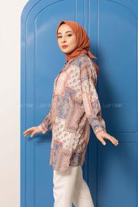 Modalamelif Kilim Desen Dijital Baskı Gömlek Pudra