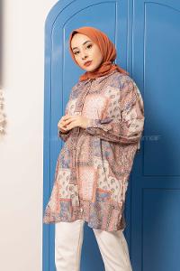 Modalamelif Kilim Desen Dijital Baskı Gömlek Pudra