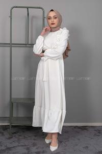 Modalamelif Omuz Fırfırlı Kuşaklı Elbise Ekru