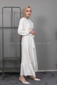 Modalamelif Omuz Fırfırlı Kuşaklı Elbise Ekru