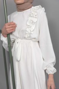 Modalamelif Omuz Fırfırlı Kuşaklı Elbise Ekru