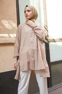 Modalamelif  Önü Düğmeli Oxford Gömlek Vizonrengi