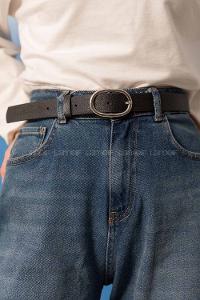 Modalamelif Oval Elips Tokalı Gümüş Kemer Siyah