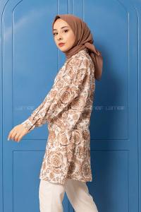 Modalamelif Gül Desen Dijital Baskı Gömlek Ekru Vizonrengi