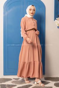 Modalamelif Hasır Kemerli Fırfırlı Elbise Pudra