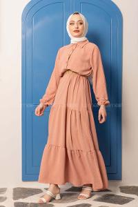 Modalamelif Hasır Kemerli Fırfırlı Elbise Pudra