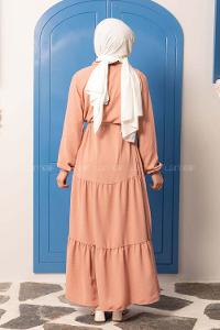 Modalamelif Hasır Kemerli Fırfırlı Elbise Pudra