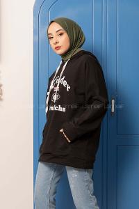 Modalamelif Kapşonlu Kinder Baskılı Sweatshirt Siyah