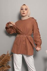 Modalamelif Omuz Fırfırlı Kuşaklı Tunik Acık Kahve