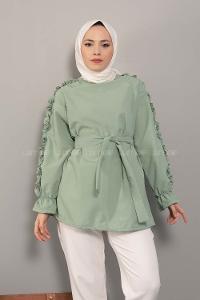 Modalamelif Omuz Fırfırlı Kuşaklı Tunik Çağla Yeşili