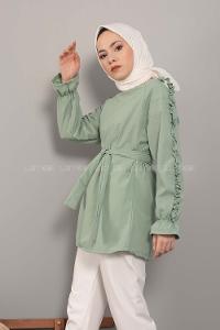 Modalamelif Omuz Fırfırlı Kuşaklı Tunik Çağla Yeşili