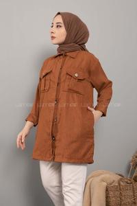 Modalamelif Önü Düğmeli Çift Cepli Gömlek Taba