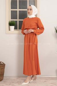 Modalamelif Beli Tunelli Yan Bağlamalı Elbise Kiremit