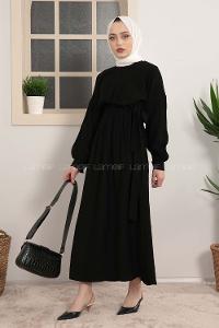 Modalamelif Beli Tunelli Yan Bağlamalı Elbise Siyah