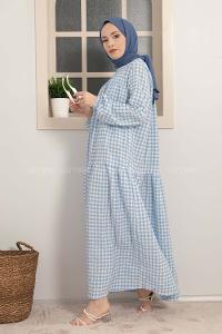 Modalamelif Büzgülü Salaş Pötikare Desen Elbise Açık Mavi