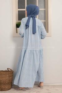 Modalamelif Büzgülü Salaş Pötikare Desen Elbise Açık Mavi