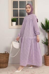 Modalamelif Büzgülü Salaş Pötikare Desen Elbise Lila