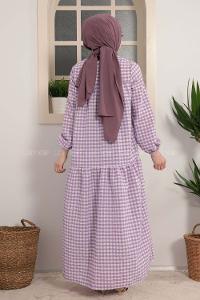 Modalamelif Büzgülü Salaş Pötikare Desen Elbise Lila