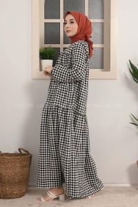 Modalamelif Büzgülü Salaş Pötikare Desen Elbise Siyah