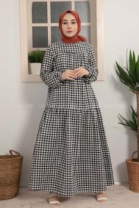 Modalamelif Büzgülü Salaş Pötikare Desen Elbise Siyah