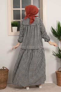 Modalamelif Büzgülü Salaş Pötikare Desen Elbise Siyah