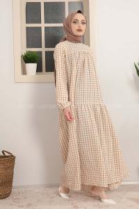 Modalamelif Büzgülü Salaş Pötikare Desen Elbise Sütlü Kahve