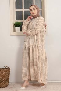 Modalamelif Büzgülü Salaş Pötikare Desen Elbise Sütlü Kahve