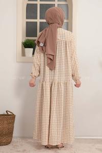 Modalamelif Büzgülü Salaş Pötikare Desen Elbise Sütlü Kahve