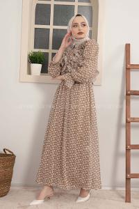 Modalamelif Fırfırlı Şifon Elbise Sütlü Kahve