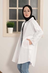 Modalamelif Gizli Cep Düşük Kol Gömlek Beyaz