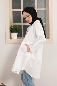 Modalamelif Gizli Cep Düşük Kol Gömlek Beyaz