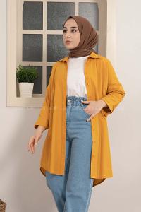 Modalamelif Gizli Cep Düşük Kol Gömlek Hardal Sarısı