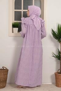 Modalamelif Kol Fırfırlı Pötikare Desen Elbise Lila