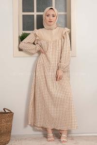 Modalamelif Kol Fırfırlı Pötikare Desen Elbise Sütlü Kahve