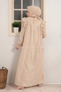 Modalamelif Kol Fırfırlı Pötikare Desen Elbise Sütlü Kahve