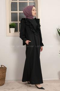 Modalamelif Kol Lastikli Fırfırlı Elbise Siyah