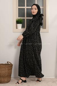 Modalamelif Kolu Fırfırlı Papatya Desen Elbise Siyah