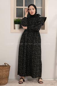 Modalamelif Kolu Fırfırlı Papatya Desen Elbise Siyah
