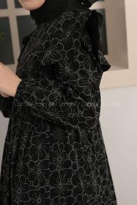 Modalamelif Kolu Fırfırlı Papatya Desen Elbise Siyah