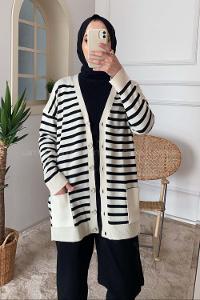 Modalamelif Önü Düğmeli Çizgili Hırka Ekru Siyah