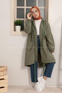 Modalamelif Önü Gizli Fermuarlı Kapşonlu Kap Haki