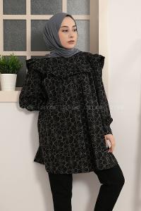 Modalamelif Robası Fırfırlı Dantel Desen Tunik Siyah