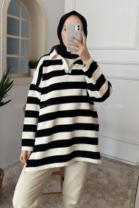 Modalamelif V Yaka Çizgili Triko Kazak Siyah