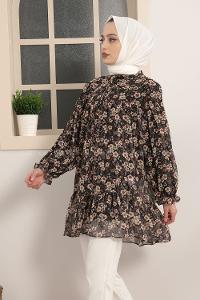 Modalamelif Yaka Bağlamalı Çiçek Desen Tunik Siyah