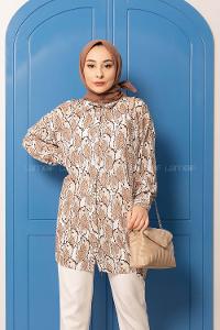 Modalamelif Yaprak Desen Dijital Baskı Gömlek Bej