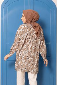 Modalamelif Yaprak Desen Dijital Baskı Gömlek Bej