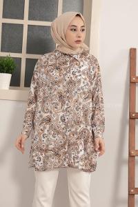 Modalamelif Çiçek Desen Dijital Baskı Gömlek Ekru