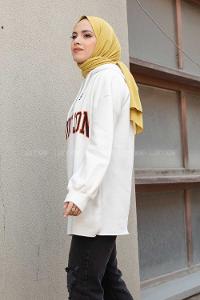 Modalamelif Kapşonlu Houston Baskılı Sweatshirt Beyaz