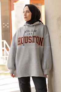 Modalamelif Kapşonlu Houston Baskılı Sweatshirt Gri