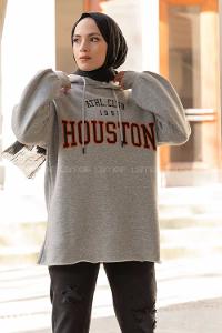 Modalamelif Kapşonlu Houston Baskılı Sweatshirt Gri